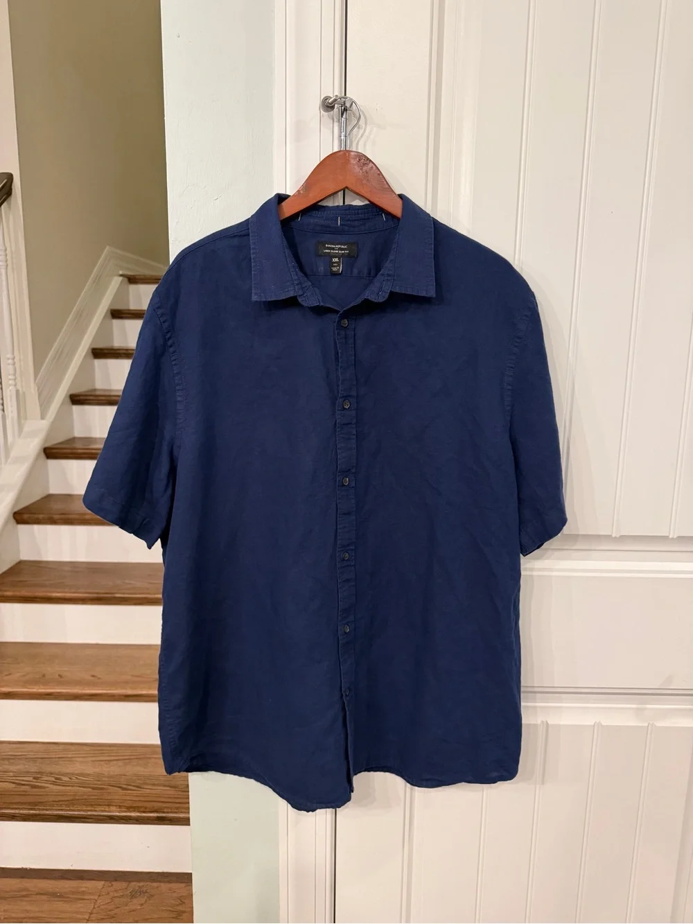 Banana Republic XXL Tall Linen Blend Short Sleeve Button Up Shirt Navy Blue